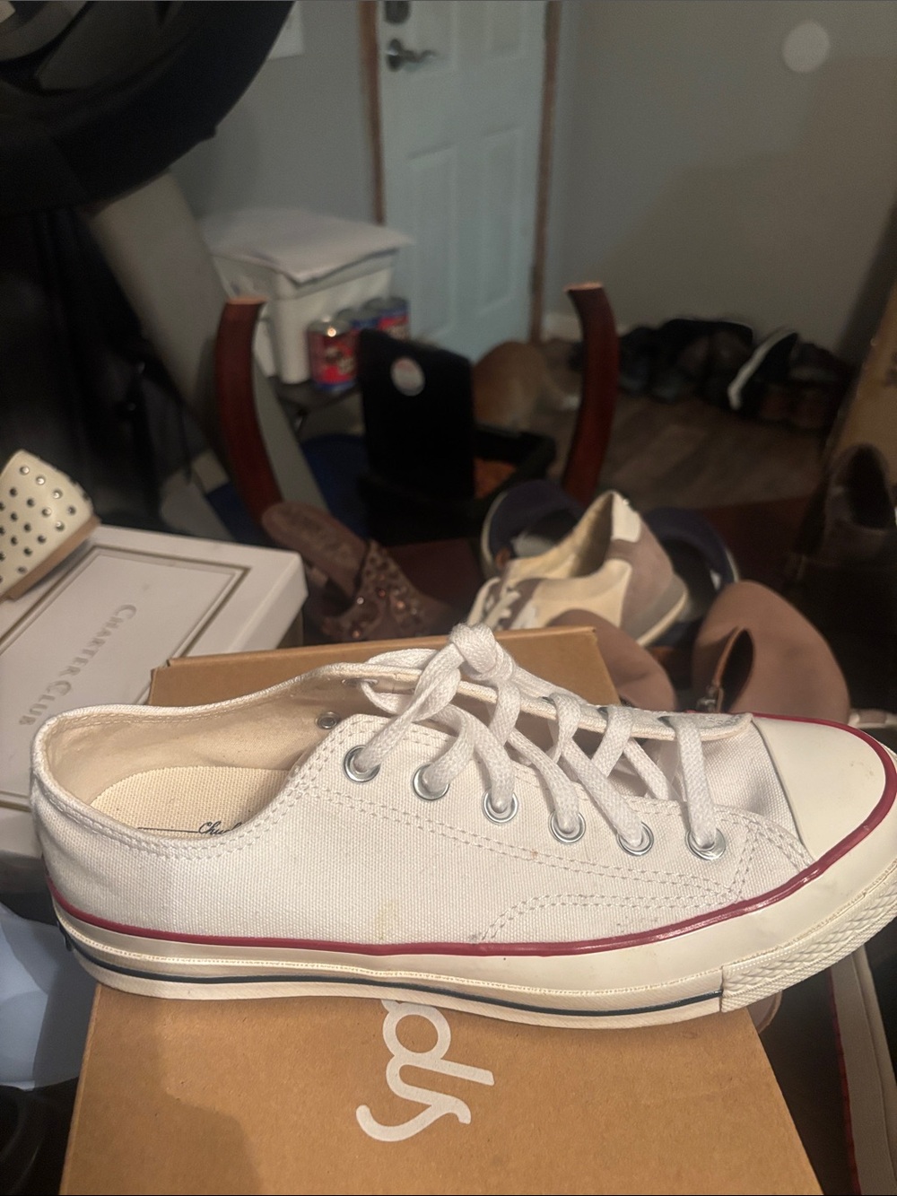 Classic Low-Top Canvas Sneakers in White with Red Trim